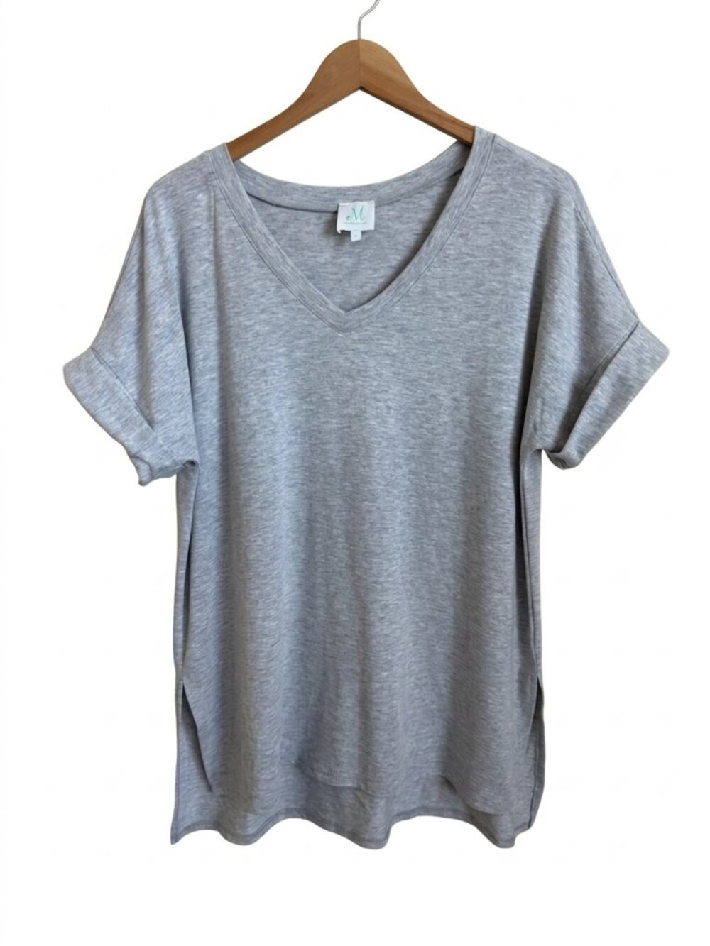 Oversized V-Neck High Low Top M Gray Rolled Sleeve ShopTheMint Side Slit Relaxed